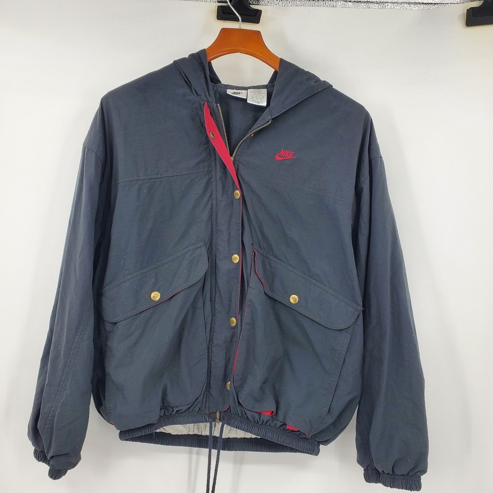 Vintage Nike Hooded Windbreaker Jacket Black Red Utility Gold Snap M Y2K Nylon
